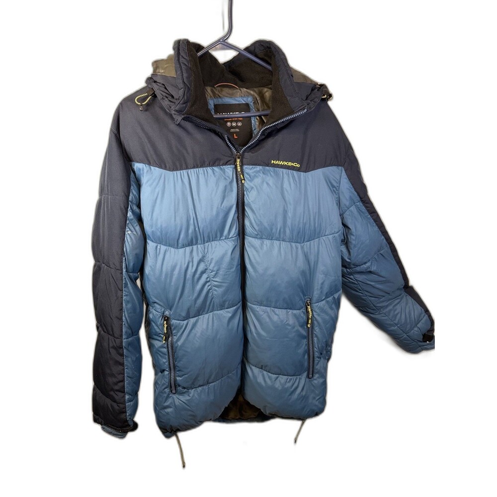 HAWKE & CO Mens Hooded Puffer Jacket 2 Tone Blue Size Large Zip Pocket